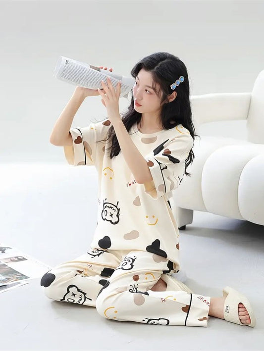 Off White Multi Monster Bear Half Sleeves Printed Night Suit