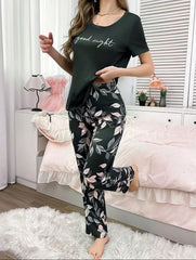 Black Good Night With Flower Printed Trouser Half Sleeves Night Suit