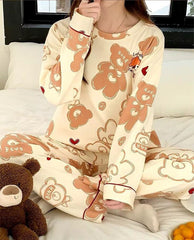Cream Bears Let Me Sleep Full Sleeves Printed Night Suit