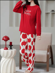Red Hello Tuesday Print Full Sleeves Pjs