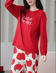 Red Hello Tuesday Print Full Sleeves Pjs