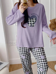 Lilac Loving Heart Printed Full Sleeves Pjs