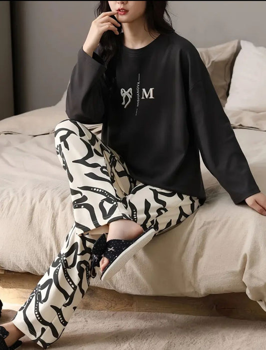Black Bow Printed Full Sleeves Pjs