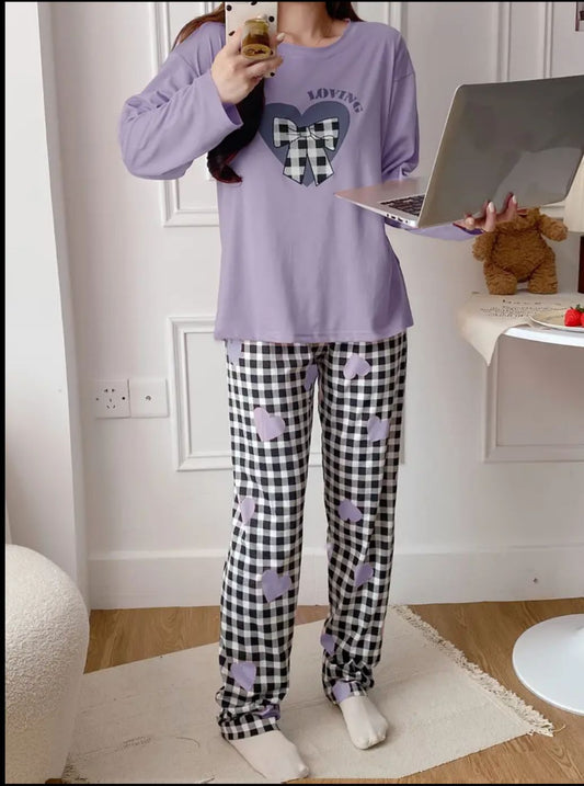 Lilac Loving Heart Printed Full Sleeves Pjs