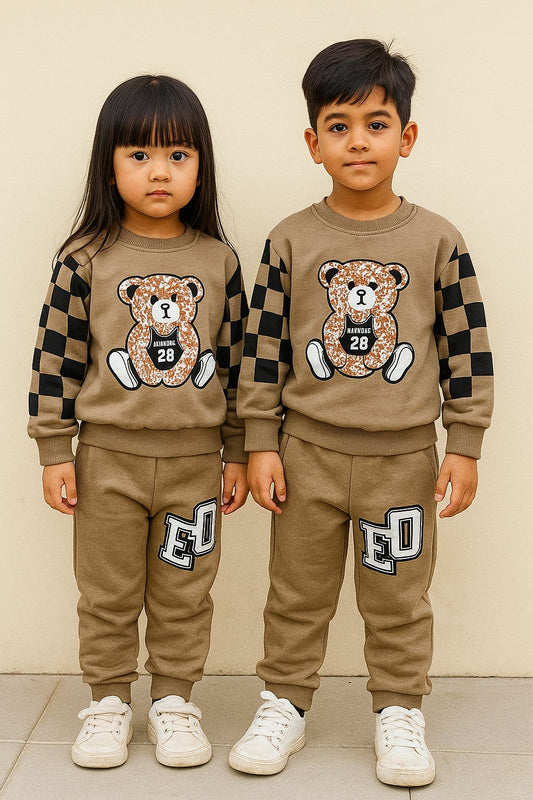 Light Brown Bear With Check Printed Kids Track Suit
