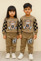 Light Brown Bear With Check Printed Kids Track Suit