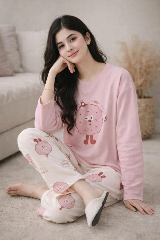 Baby Pink Donut Printed Full Sleeves Night Suit