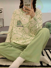 Olive Green Cute Dinosaur Print Full Sleeves Night Suit