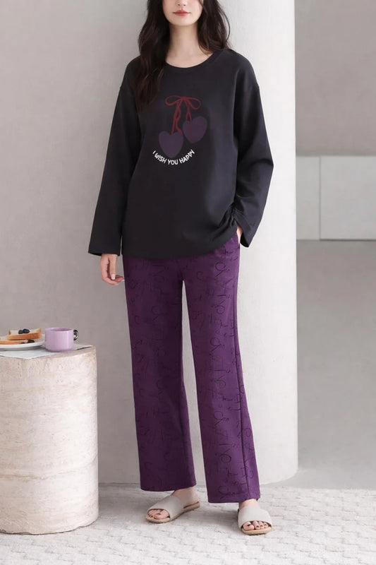 Black Wish You Happy Printed With Purple Printed Trouser