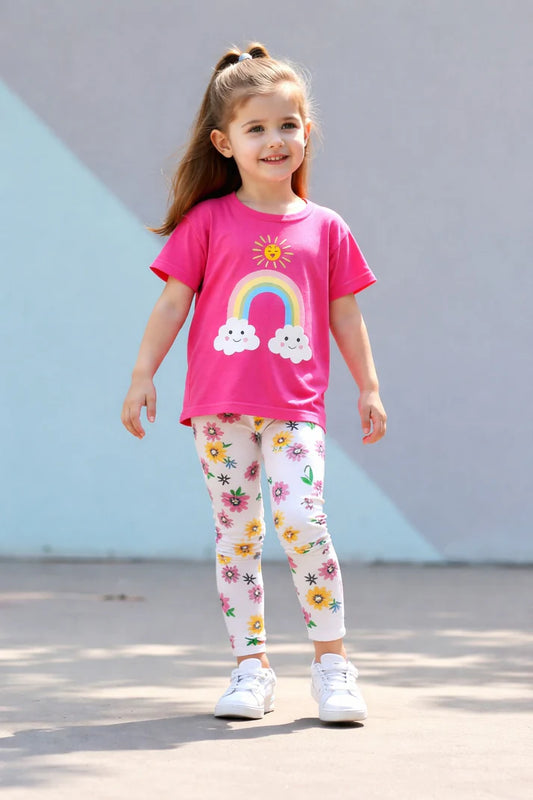 Shocking Pink Rainbow t shirt with Multi Flowers printed Kids Night Suit