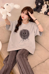 Grey Smile Print Half Sleeves Printed Night Suit