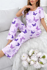 Lilac All Over Butterflies Printed half sleeves night suit