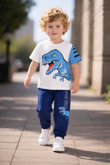 White Big Dinosour With Blue Printed Trouser Kids Suit