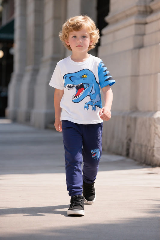 White Big Dinosour With Blue Printed Trouser Kids Suit