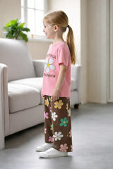 Baby Pink Beautiful Flower Printed Half Sleeves T-shirt with Brown Multi Flower Printed Pajama Kids Suits