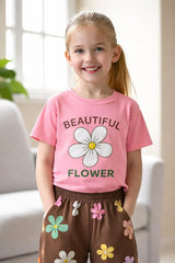 Baby Pink Beautiful Flower Printed Half Sleeves T-shirt with Brown Multi Flower Printed Pajama Kids Suits