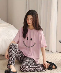 Peach Smile Print With Linning Trouser Printed Night Suit