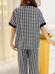 Black And White Small Check Printed V Neck Button Pjs