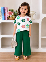 Off white Green Flower Printed Half Sleeves Kids Suit