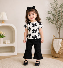 Off white Black Bow Printed Half Sleeves Kids Suit