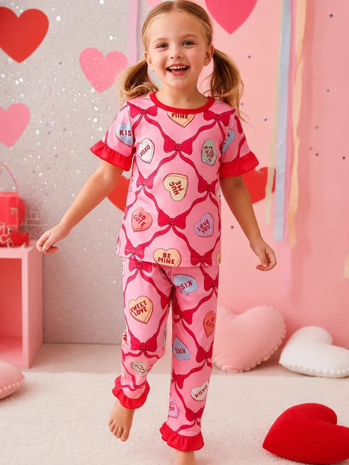 Pink With Red Bow And Hearts Printed Kids Suit