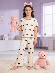 White With Black Bow Printed Kids Suit