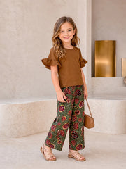 Brown Plain Frill Half Sleeves Shirt With Floral Printed Trouser Kids Suit