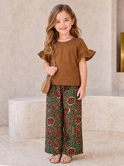 Brown Plain Frill Half Sleeves Shirt With Floral Printed Trouser Kids Suit