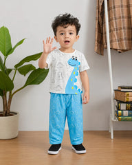 White With Blue Dino Printed Kids Suit