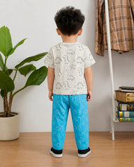 White With Blue Dino Printed Kids Suit