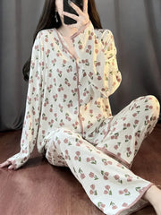 Off White All Over Flowers Printed Button Pjs
