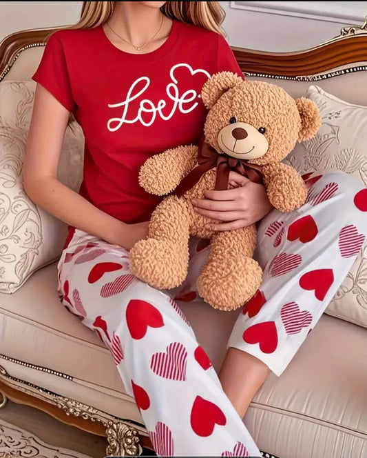 Red Love Half Sleeves Printed Night Suit