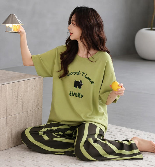 Olive Green Cat Print Pajama Set