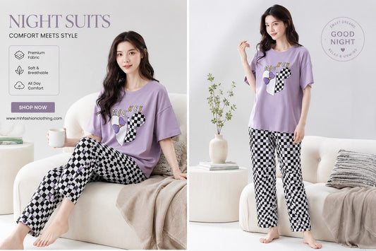 Lilac Mickey Check Half Sleeves Printed Pjs