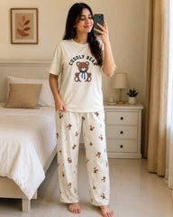 Cuddly Bear Printed Night Suit - Off White