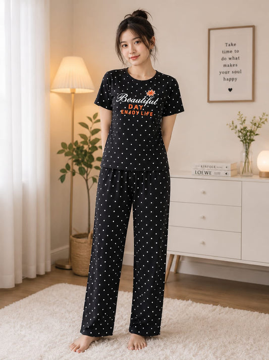 Black Beautiful Day Polka Printed Night Suit