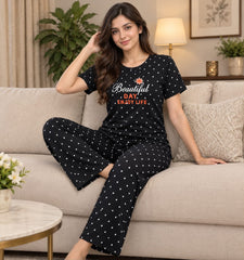 Black Beautiful Day Polka Printed Night Suit