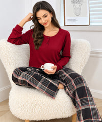 Maroon Button Neck With Black Check Trouser Night Suit
