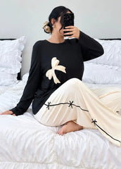 Black Bow Printed Shirt With Cream Trouser Night Suit