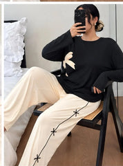 Black Bow Printed Shirt With Cream Trouser Night Suit
