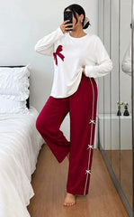 White Bow Printed Shirt With Maroon Trouser Night Suit