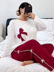 White Bow Printed Shirt With Maroon Trouser Night Suit