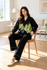 Black & Green Abstract Printed Button Night Suit