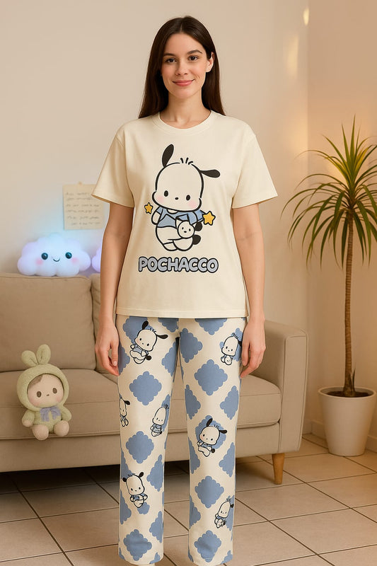 White Pochacco Print Half Sleeves Printed Night Suit