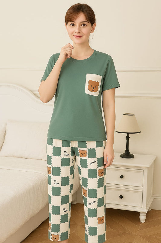 Green Front Bear Printed Half Sleeves T-shirt With Bear Printed Pajama Suit