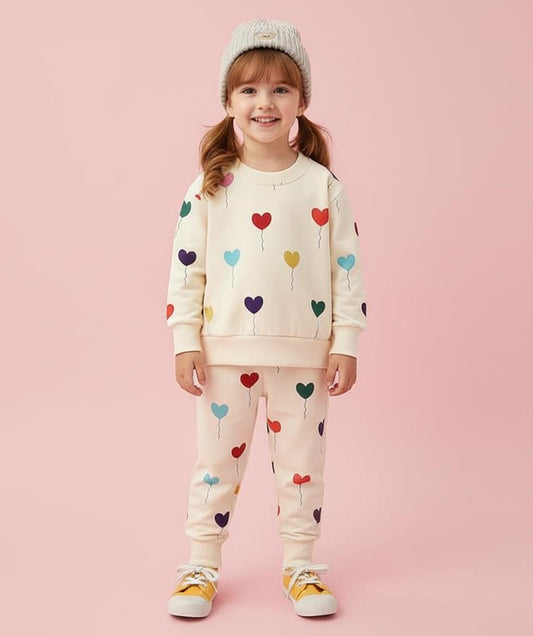 White with Mutli Color Heart sweat Shirt with White Trouser for Kids