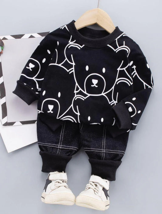 Black Bear Print With Check Trouser