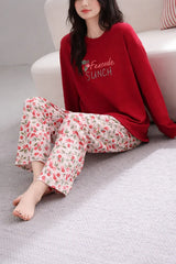Red fencede Sunch with Cherry printed Full Sleeves Night suit