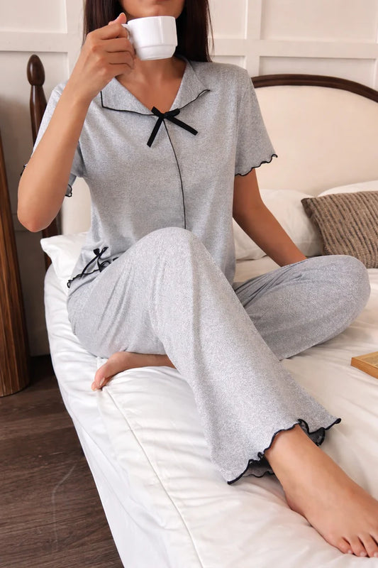 Hazel Grey Ribbon-Tie Short Sleeve Pajama Set