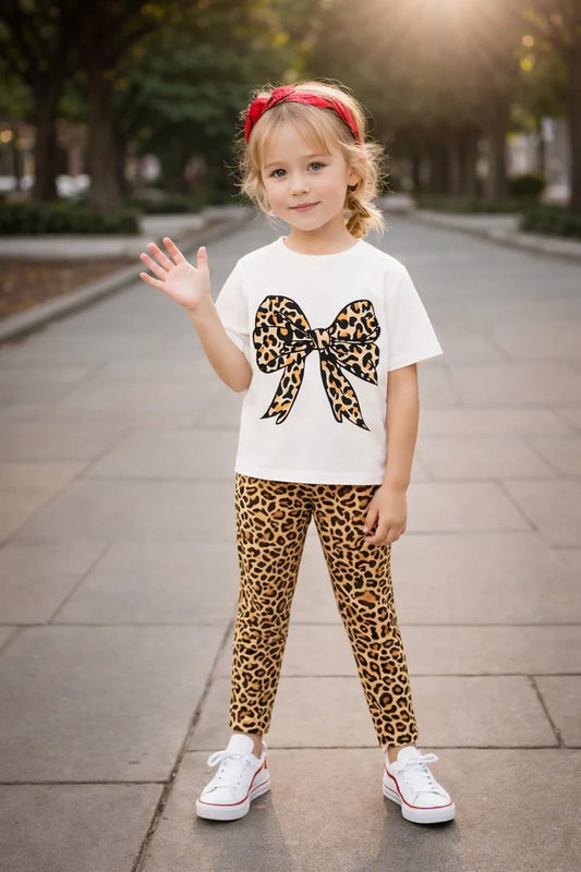 Off white Cheetah BOW Printed T shirt with cheeta pajama kids suit